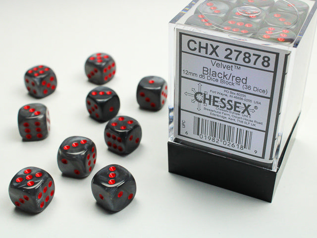 Chessex Dice Set: Velvet® Black/red 12mm d6 Dice Block (36 dice): CHX27867