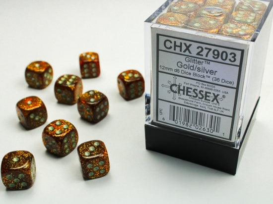 Chessex Dice Set: Glitter Gold/silver 12mm d6 Dice Block (36 dice) : CHX27903