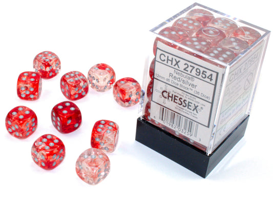 Chessex Dice Set: Nebula Red/silver Luminary 12mm d6 Dice Block (36 dice) : CHX27954