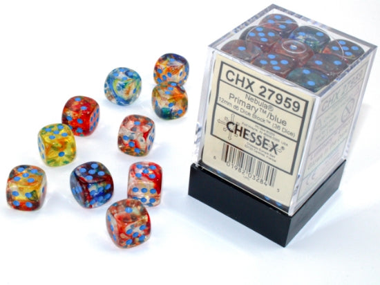 Chessex Dice Set: Nebula Primary/blue Luminary 12mm d6 Dice Block (36 dice) : CHX27959