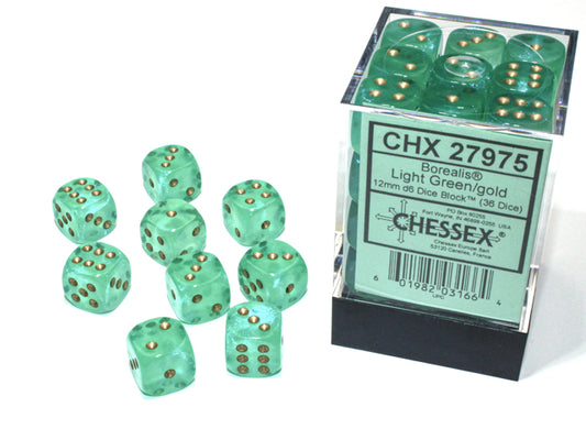 Chessex Dice Set:Borealis Light Green/gold Luminary 12mm d6 Dice Block (36 dice)CHX27975