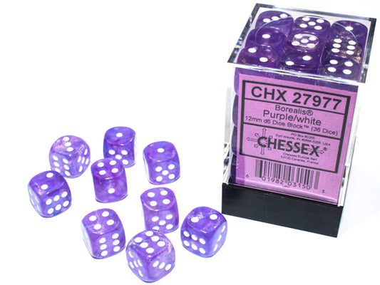 Chessex Dice Set:Borealis Purple/white Luminary 12mm d6 Dice Block (36 dice) CHX27977
