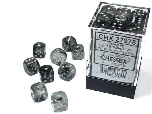 Chessex Dice Set: Borealis Light Smoke/silver Luminary 12mm d6 Dice Block (36 dice)CHX27978