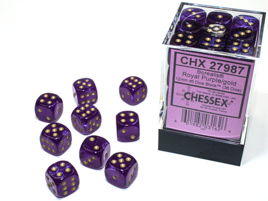 Chessex Dice Set: Borealis® Royal Purple/gold Luminary™ 12mm d6 Dice Block (36 dice): CHX27987