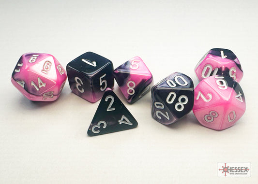 Chessex Dice Set: Gemini® Mini-hedral™ Black-Pink/white 7-Die Set - CHX20630