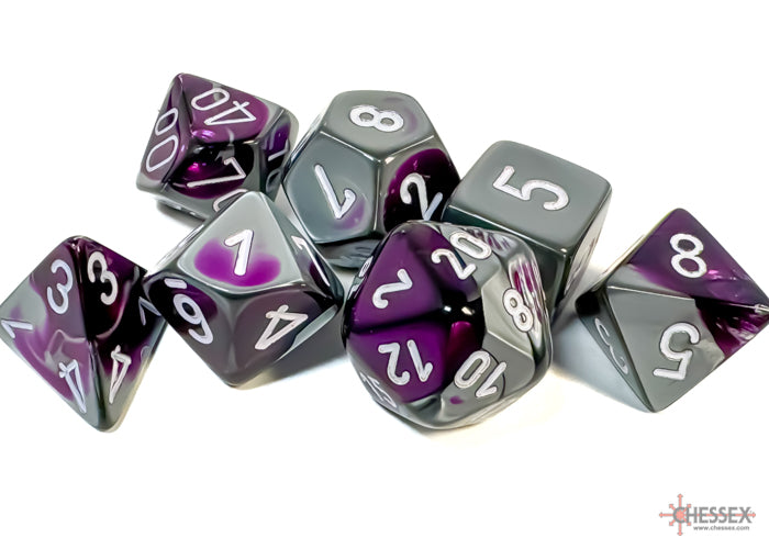 Chessex Dice Set: Gemini® Purple-Steel/white Polyhedral 7-Dice Set : CHX26432