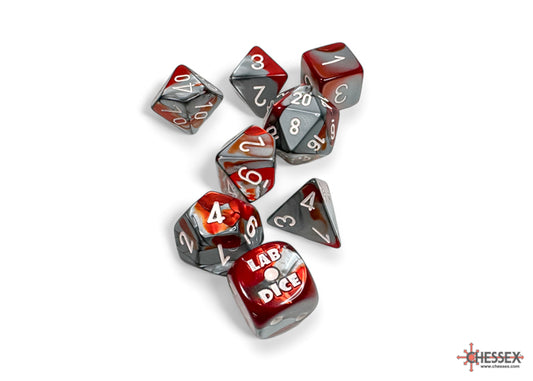 Chessex Dice Set: Lab Dice™: Gemini® Red-Steel/white Polyhedral 7-Dice Set (with bonus die) : CHX30066