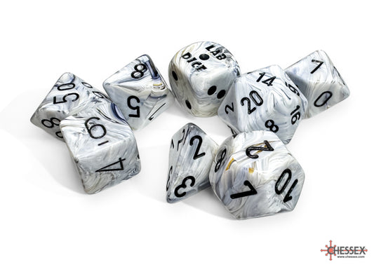Chessex Dice Set: Lab Dice™: Marble Calcite™/blue Polyhedral 7-Dice Set (with bonus die) : CHX30067