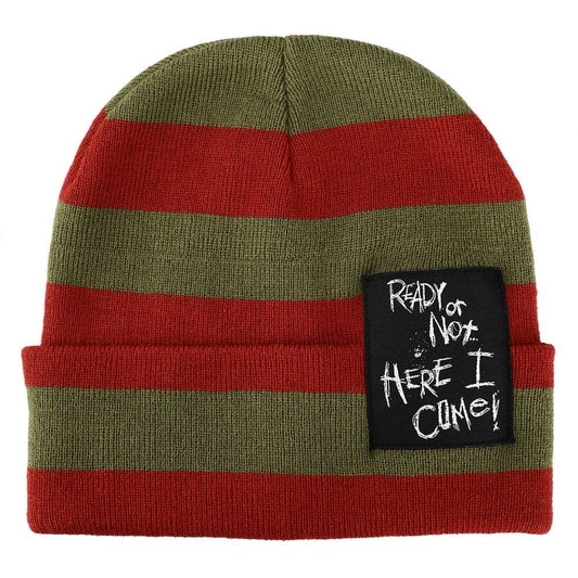 Nightmare On Elm Street Ready Or Not Here I Come Woven Label Striped Cuffed Beanie