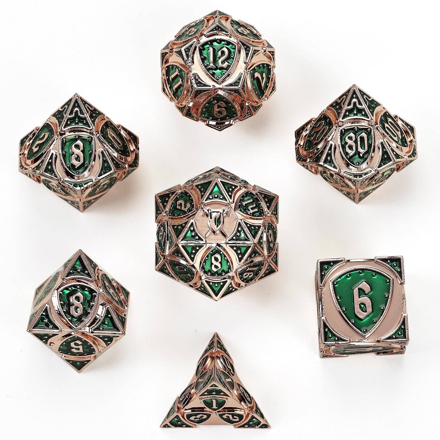 Solid Metal Fighter Class RPG Dice Set - Copper w/ Green
