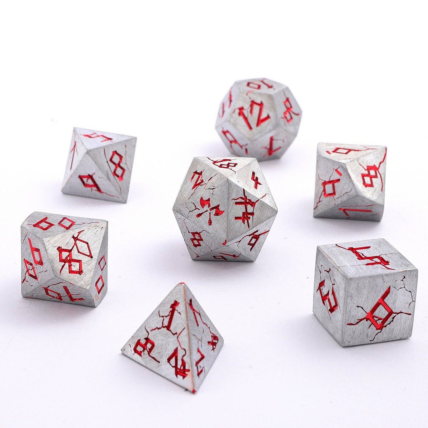 Barbarian Solid Metal Polyhedral Dice Set - Matte Silver Red