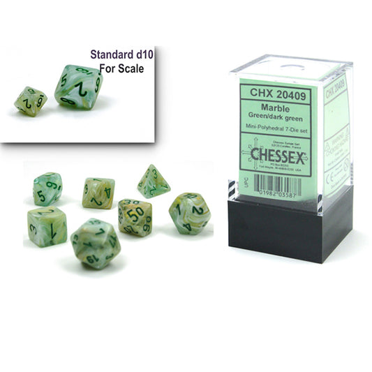 Chessex Dice Set: Marble Mini-hedral™ Green/dark green 7-Die Set : CHX20409