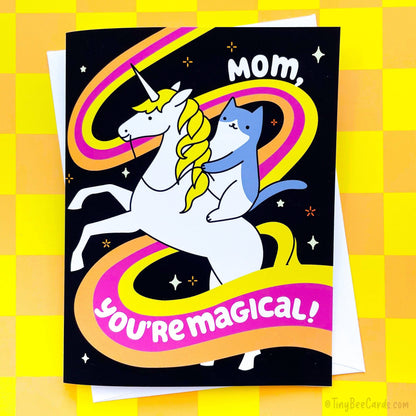 Mother's Day Card Cat Riding Unicorn "Mom, You're Magical"