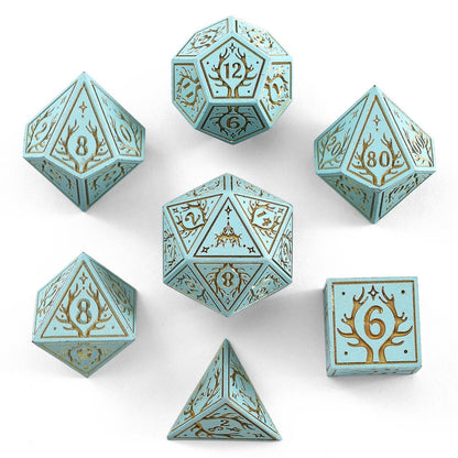 Solid Metal Druid RPG Dice Set - Pale Cyan w/Gold