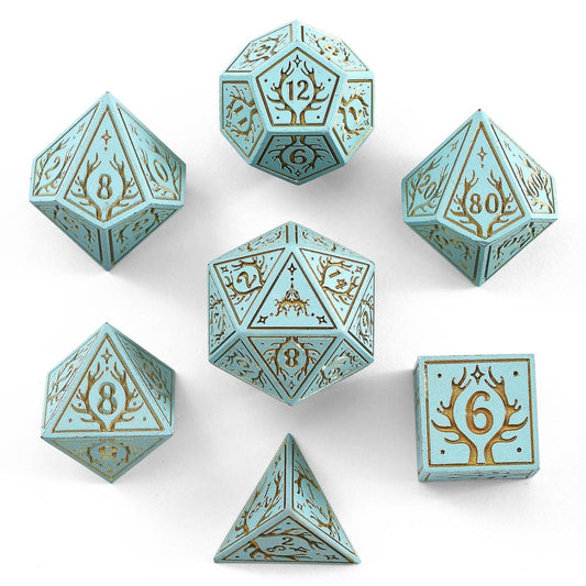 Solid Metal Druid RPG Dice Set - Pale Cyan w/Gold