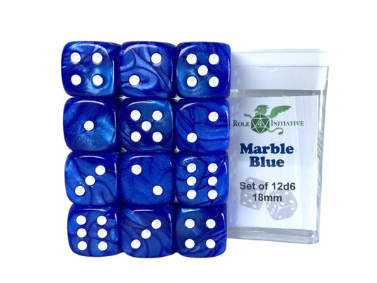 Marble Blue Dice - Set of 12d6 pips 18mm
