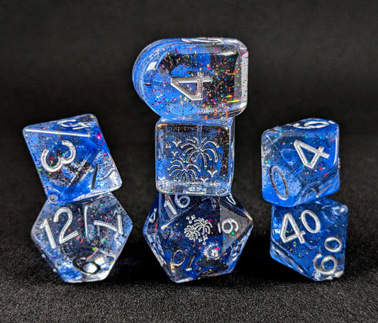 Holidice Collection - Diffusion Shiny New Year - Set of 7 Dice w/ symbols on d6 & d20