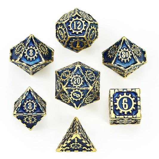 Solid Metal Cogcraft Dice Set - Vault Dweller - Gold w/Blue