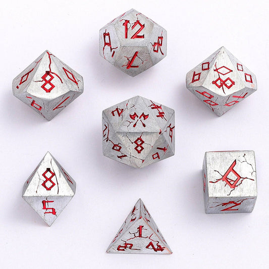 Barbarian Solid Metal Polyhedral Dice Set - Matte Silver Red