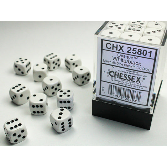 Chessex Dice Set: Opaque: White/Black 12mm d6 (36 Dice):CHX25801