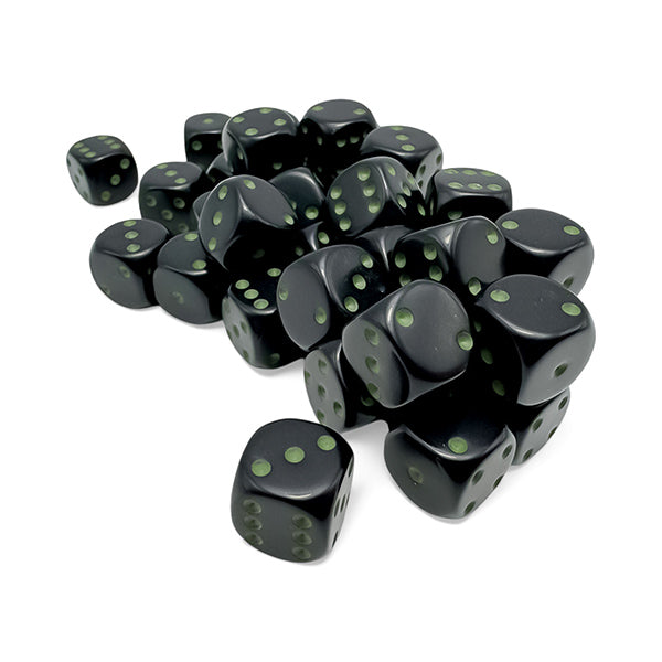 Chessex Dice Set: Opaque: Black/Green 12mm d6 (36 Dice):CHX25858