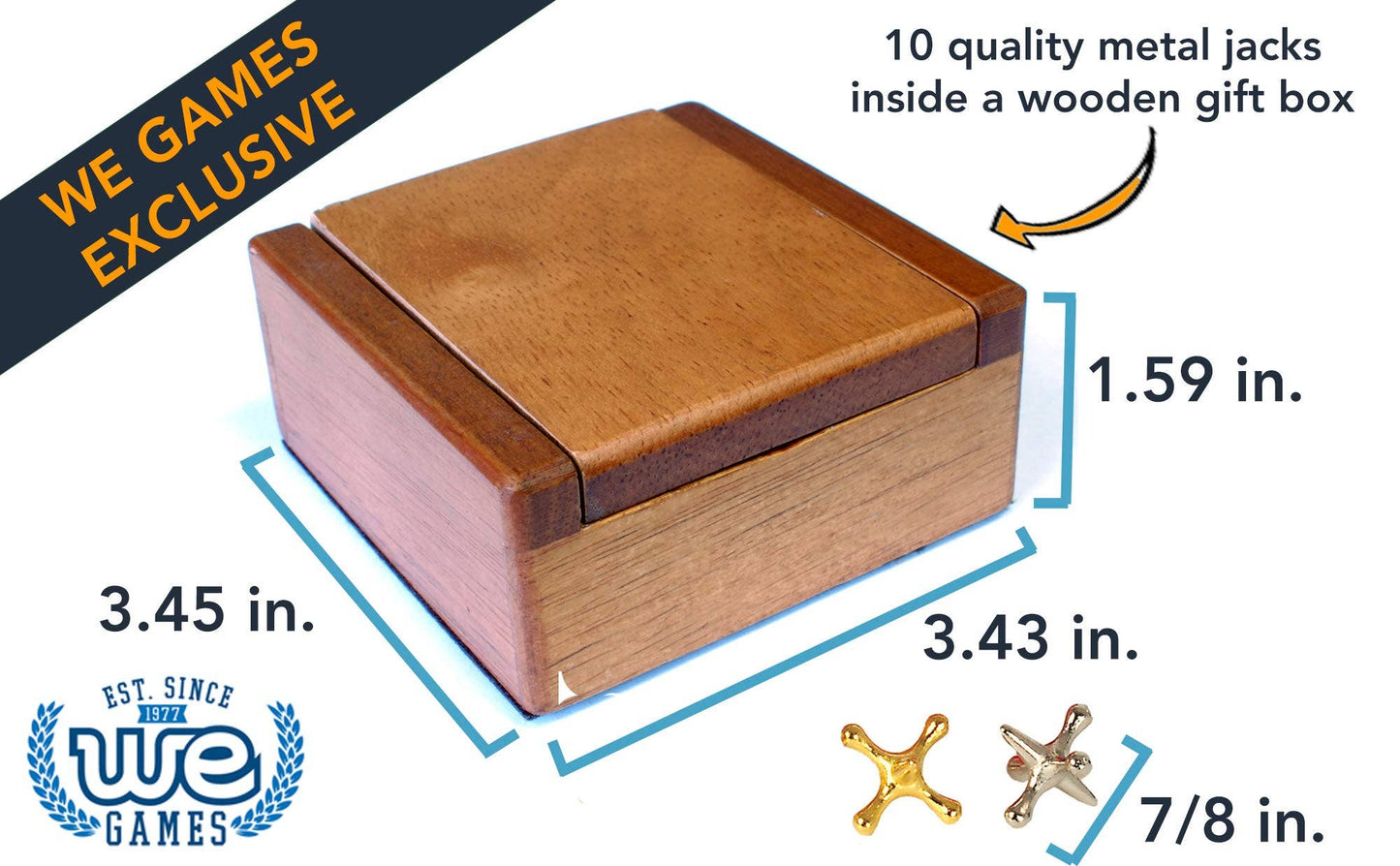 Old-Fashioned Metal Jacks in a Wooden Box