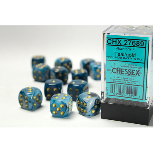 Chessex Dice Set: Phantom® Teal/gold 16mm d6 Dice Block (12 dice) : CHX27689