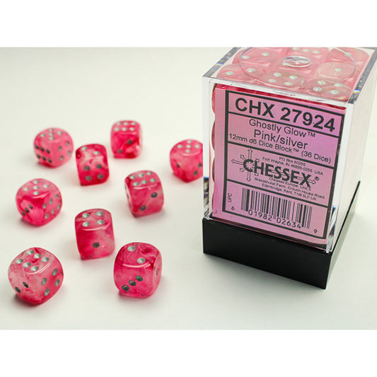 Chessex Dice Set: Ghostly Glow Pink/silver 12mm d6 Dice Block (36 dice) : CHX27924