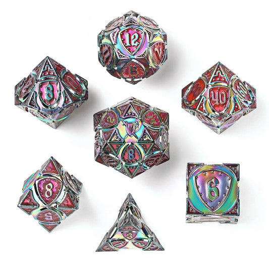 Solid Metal Fighter Class RPG Dice Set - Rainbow w/UV Glow