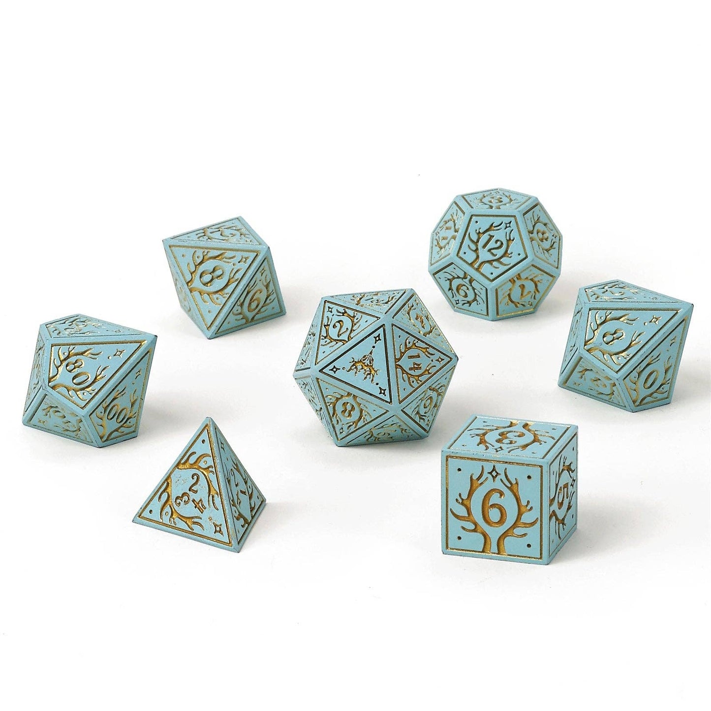 Solid Metal Druid RPG Dice Set - Pale Cyan w/Gold