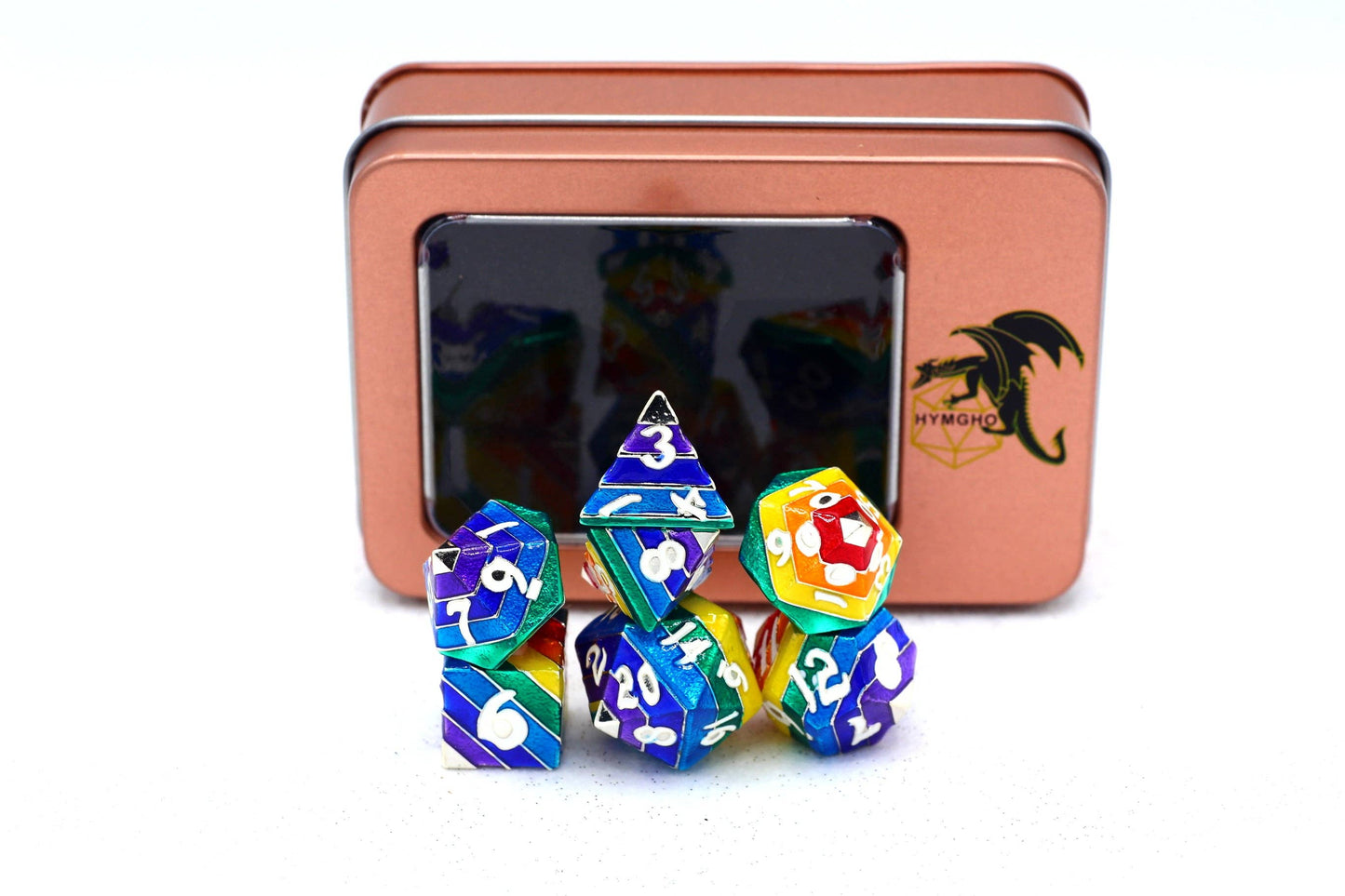 Rainbow Pride solid metal dice set - Silver with White