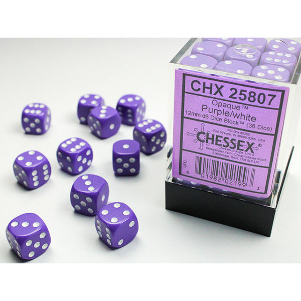 Chessex Dice Set: Opaque: Purple/White 12mm d6 (36 Dice):CHX25807