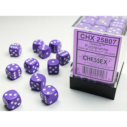 Chessex Dice Set: Opaque: Purple/White 12mm d6 (36 Dice):CHX25807