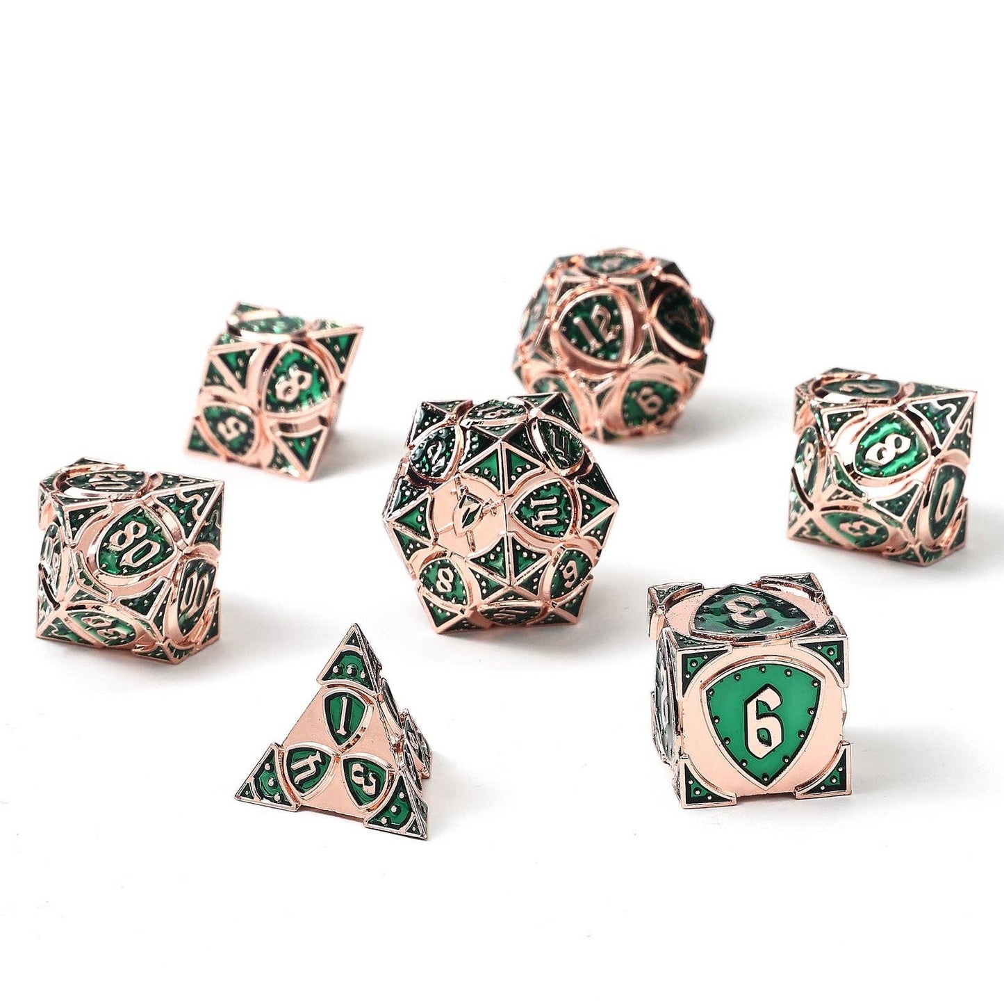 Solid Metal Fighter Class RPG Dice Set - Copper w/ Green