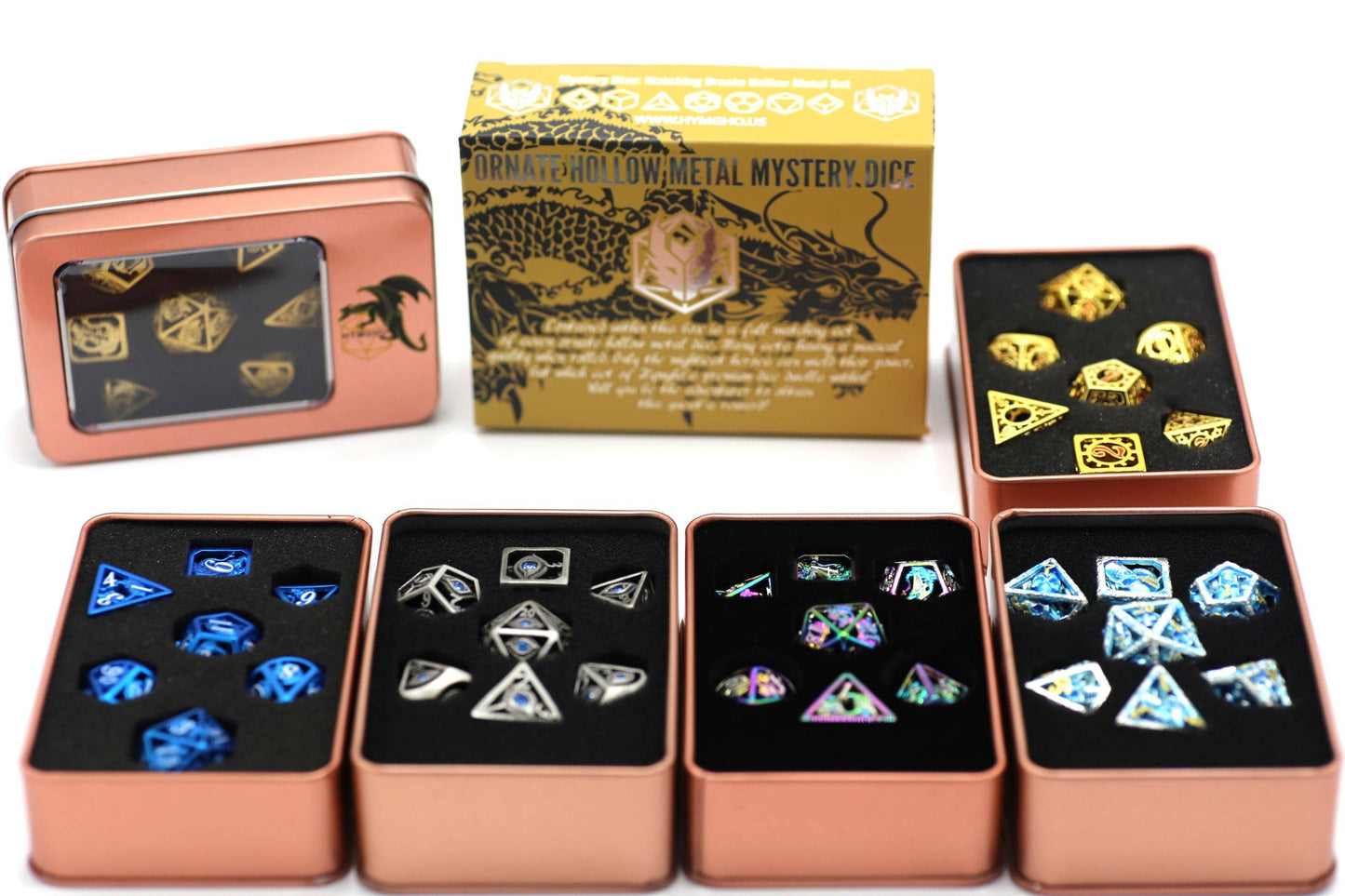 Mystery Set of 7 Matching Ornate Hollow Metal Dice