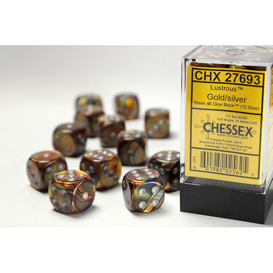 Chessex Dice Set: Lustrous® Gold/silver 16mm d6 Dice Block (12 dice) : CHX27693