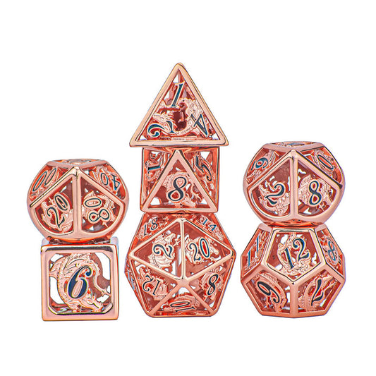 Rose Gold With Black Hollow Metal Dragon Polyhedral Dice Set