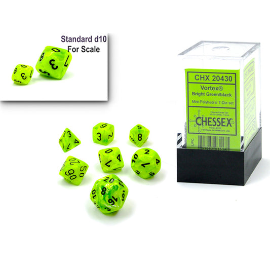 Chessex Dice Set: Vortex® Mini-hedral™ Bright Green/Black 7-Die Set : CHX20430