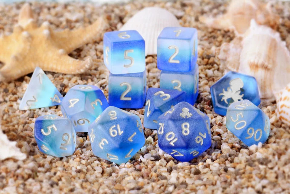 Caribbean Cobalt 14pc Dice Set inked in Silver