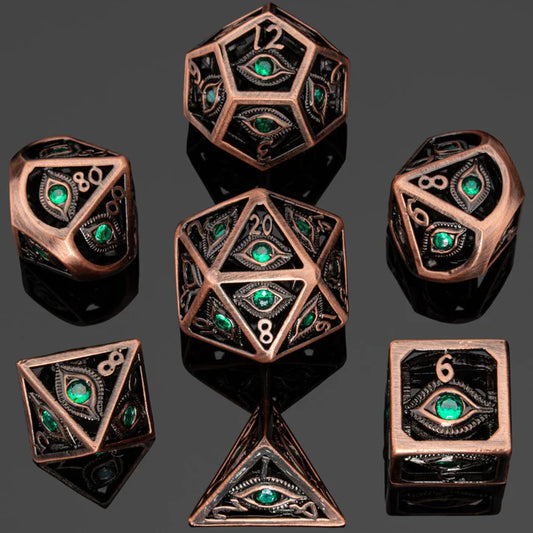 Dragon's Eye Hollow Metal Dice Set - Emerald Green Gems
