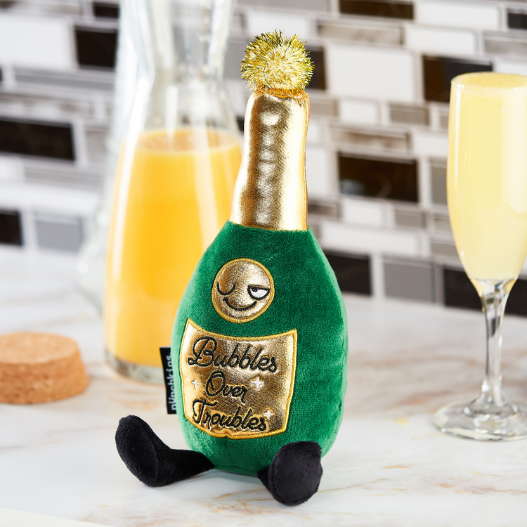 "Bubbles Over Troubles" Plush Champagne Bottle Cute, Gift, Holiday, Christmas