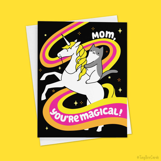 Mother's Day Card Cat Riding Unicorn "Mom, You're Magical"