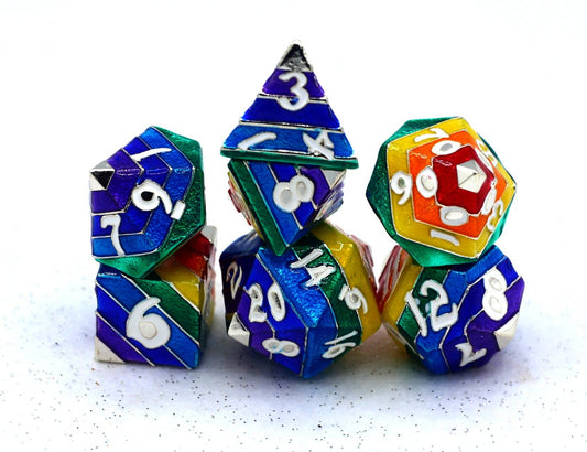 Rainbow Pride solid metal dice set - Silver with White