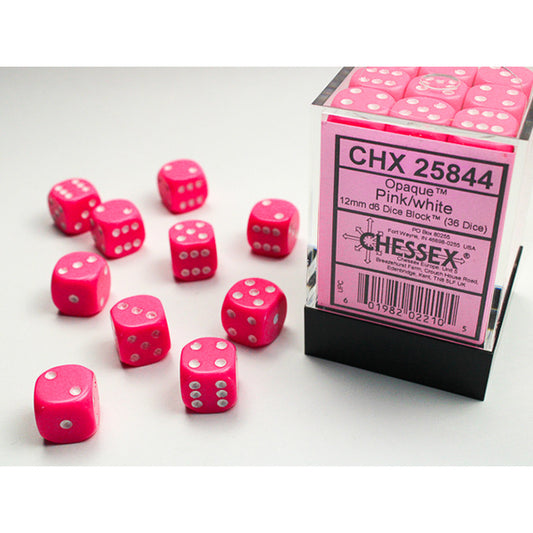 Chessex Dice Set: Opaque: Pink/White 12mm d6 (36 Dice):CHX25844