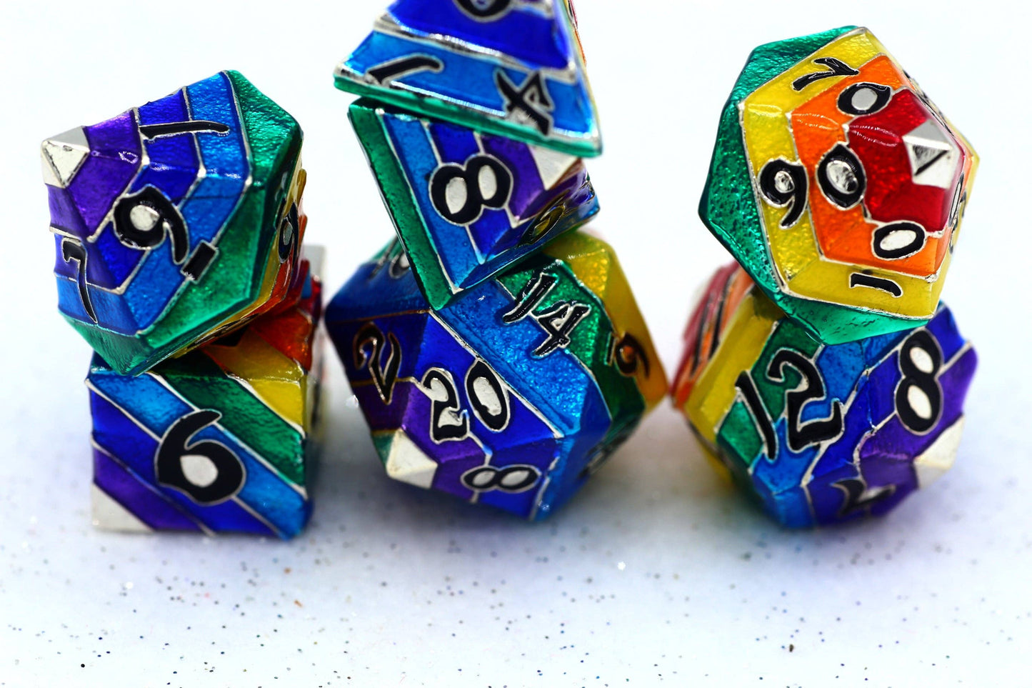 Rainbow Pride solid metal dice set - Silver with White