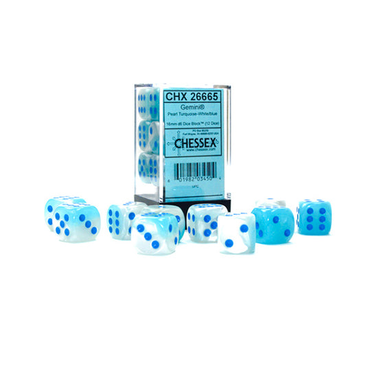 Chessex Dice Set: Gemini Luminary: Pearl Turquoise-White/Blue 16mm d6 Dice Block (12 dice) : CHX26665