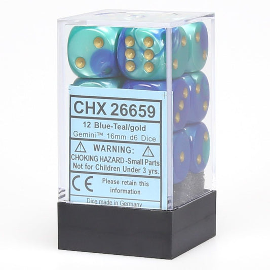 d6 Cube 16mm Gemini Blue and Teal with Gold