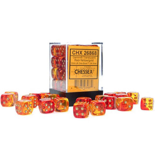 Chessex Dice Set:  GEMINI TRANSLUCENT RED-YELLOW/GOLD 12MM (36CT) D6 BLOCK CHX26868