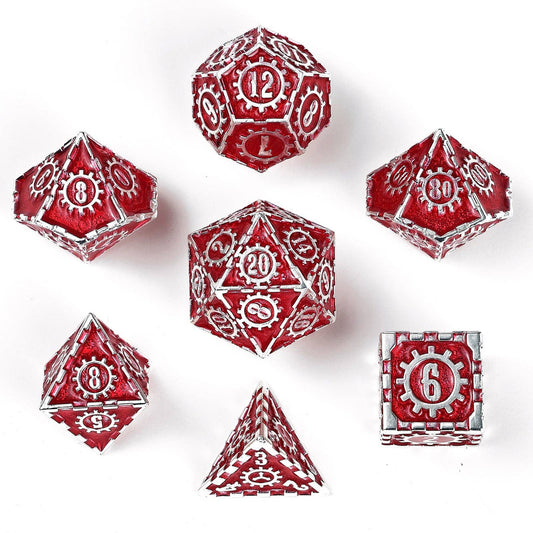Solid Metal Cogcraft Dice Set - Silver with Red