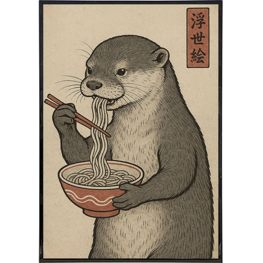 Otter Eating Noodles Japanese Ukiyo-e Style Poster Print
